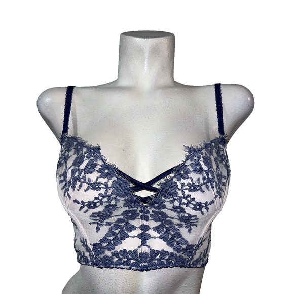 Victoria's Secret Dream Angels Bra Size M Pink Blue Lace & Mesh Rear Zip Bustier - Picture 1 of 7